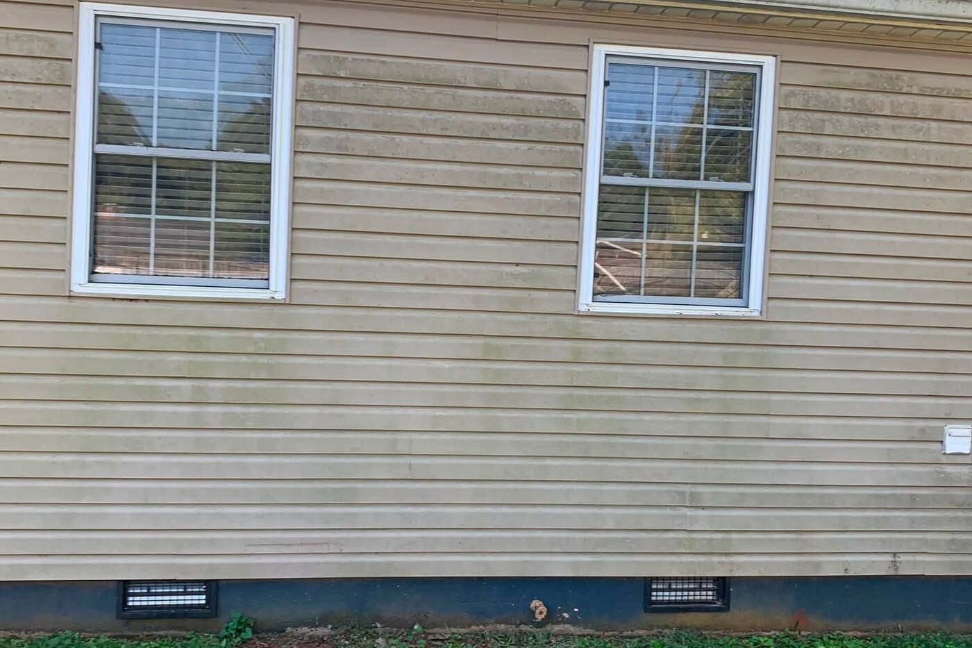 The back of a house with siding dulled by algae and a dirty foundation before washing